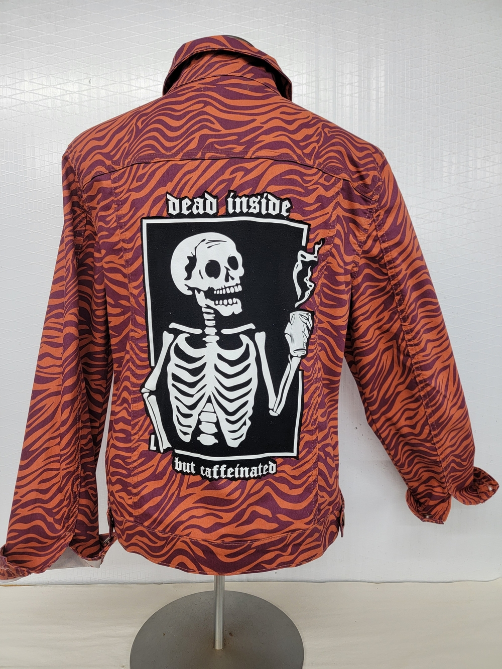 Zebra Print Jacket - Skeleton Graphic "Dead Inside But Caffenated" Upcycled